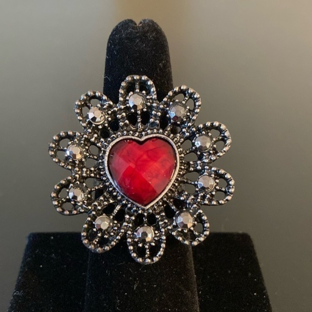 Heart-Shaped Red and Silver Women's Ring